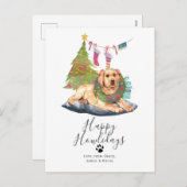 ハッピーハウリデイズイエローラブラドールドッグクリスマス シーズンポストカード (正面/裏面)