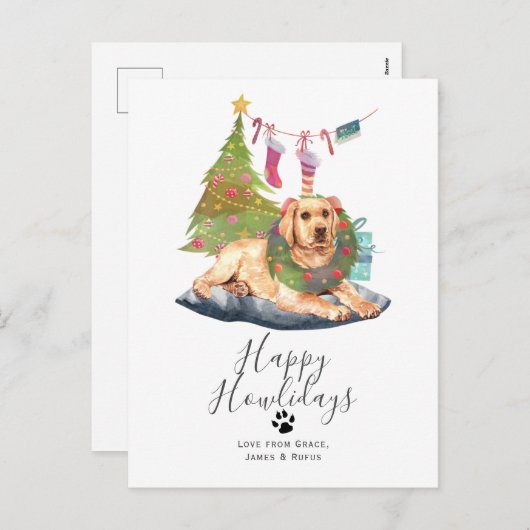 ハッピーハウリデイズイエローラブラドールドッグクリスマス シーズンポストカード (正面/裏面)