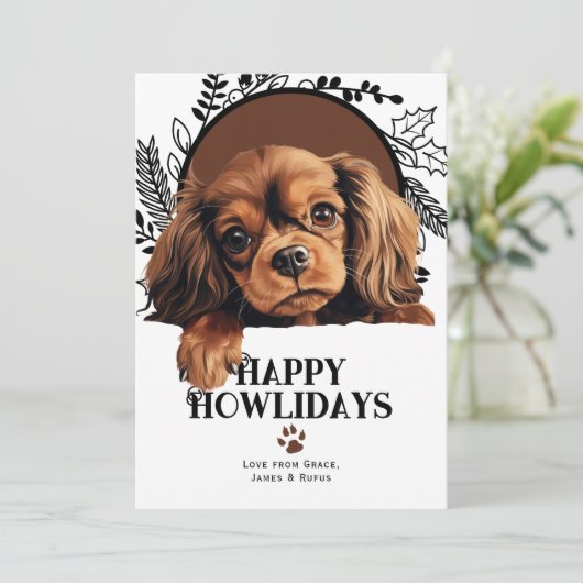 ハッピーハウリデイズイングリッシュトイスパニエル犬ドッグクリスマス シーズンカード (スタンド正面)
