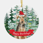 ハッピーハウリデイズウェルシュテリア犬クリスマスオーネーム セラミックオーナメント (正面)