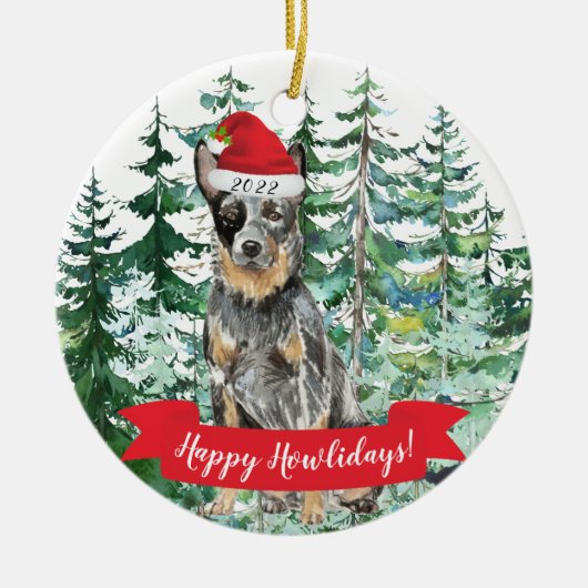 ハッピーハウリデイズオーストラリア牛の犬のクリスマス セラミックオーナメント (正面)
