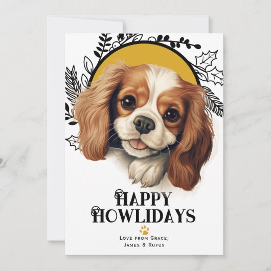 ハッピーハウリデイズキングチャールズスパニエル犬ドッグクリスマス シーズンカード (正面)