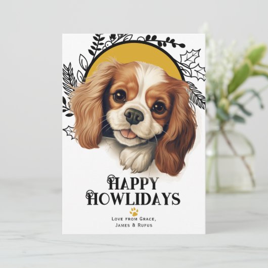 ハッピーハウリデイズキングチャールズスパニエル犬ドッグクリスマス シーズンカード (スタンド正面)