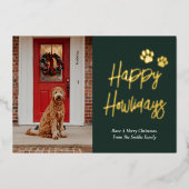 ハッピーハウリデイズグリーン金ゴールド書道ペット写真 箔シーズンカード (正面)