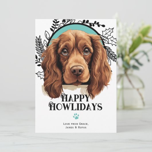 ハッピーハウリデイズサセックススパニエル犬ドッグクリスマス シーズンカード (スタンド正面)