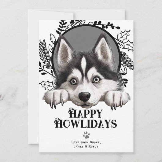 ハッピーハウリデイズシベリアハスキードッグクリスマス シーズンカード (正面)