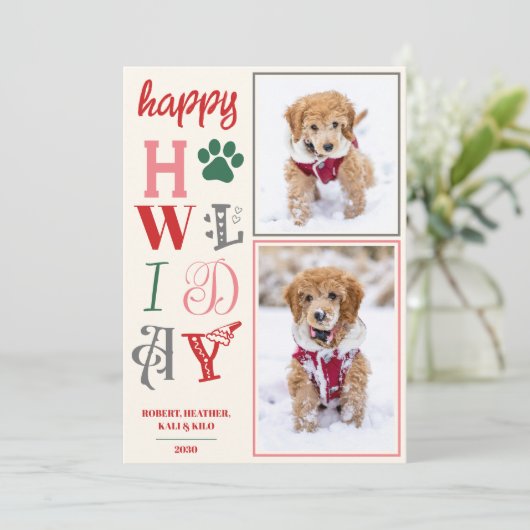 ハッピーハウリデイズドッグクリスマス写真カスタム写真 シーズンカード (スタンド正面)