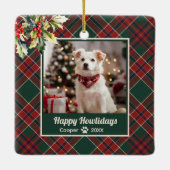 ハッピーハウリデイズドッググリーンレッドプレイドクリスマス セラミックオーナメント (裏面)