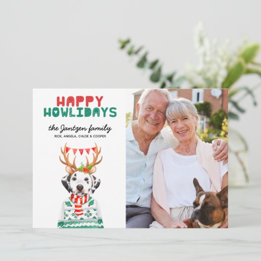 ハッピーハウリデイズドッグダルマチアのクリスマスフォトカード 招待状 (スタンド正面)