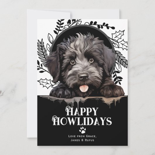 ハッピーハウリデイズブービエデフランダレスドッグクリスマス シーズンカード (正面)