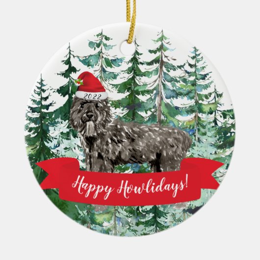 ハッピーハウリデイズブービエデフランドレスドッグクリスマス セラミックオーナメント (正面)