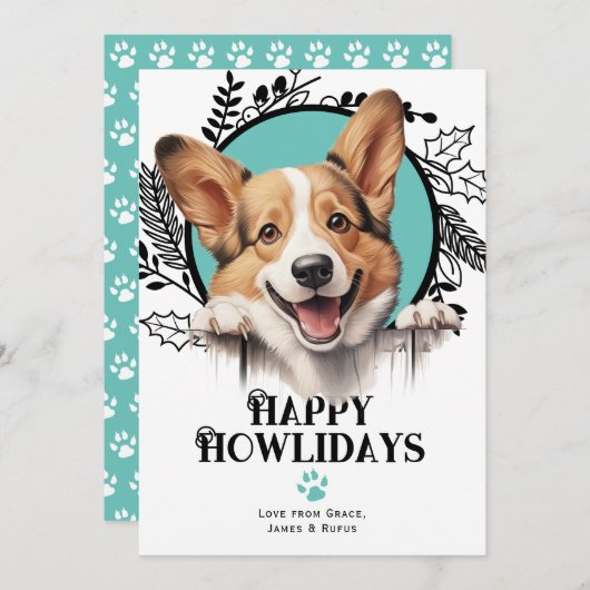 ハッピーハウリデイズペムブロークウェルシュコーギードッグクリスマス シーズンカード (正面/裏面)