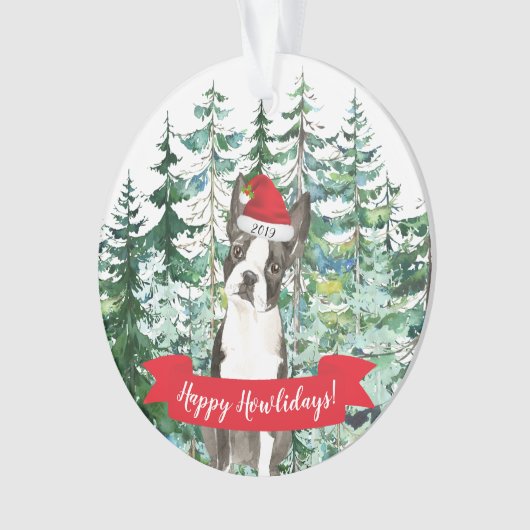 ハッピーハウリデイズボストンテリアードッグクリスマス オーナメント (正面)