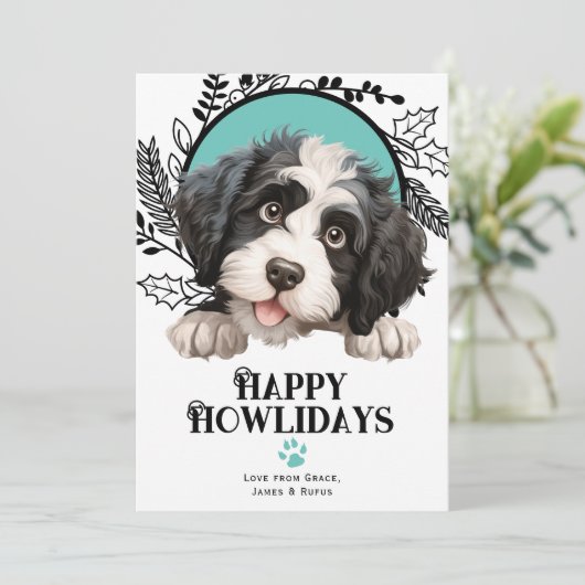 ハッピーハウリデイズポルトガル水犬クリスマス シーズンカード (スタンド正面)