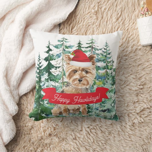 ハッピーハウリデイズヨークシャーテリアドッグクリスマス クッション (ブランケット)