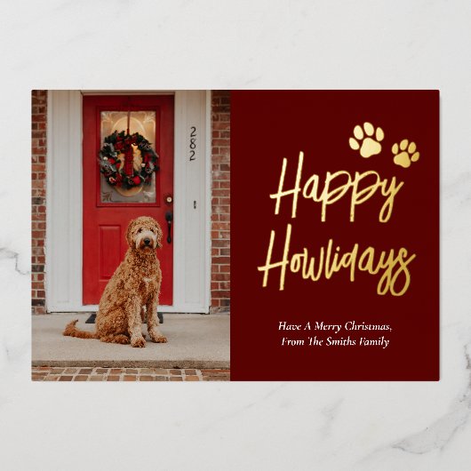 ハッピーハウリデイズレッド金ゴールド書道ペット写真 箔シーズンカード (正面)