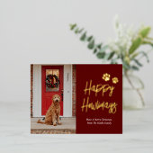 ハッピーハウリデイズレッド金ゴールド書道ペット写真 箔シーズンポストカード (立ち正面)