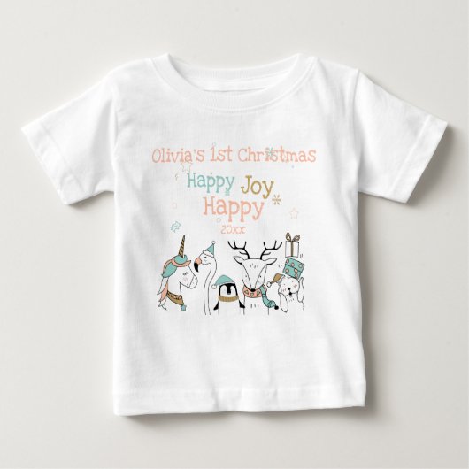 ハッピーハッピージョイカワイイ動物ベビー第1回クリスマス ベビーTシャツ (正面)