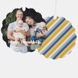 ハッピーハヌカカスタムー文字フォトモダンストライプ オーナメントカード