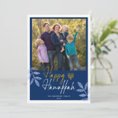 ハッピーハヌカダークブルーフォトホリデー シーズンカード (スタンド正面)