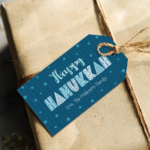 ハッピーハヌカモダンお洒落タイポグラフィティール（緑がかった色） ギフトタグ