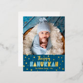 ハッピーハヌカモダンー写真可愛いブルー実在金ゴールド 箔シーズンポストカード (正面/裏面)