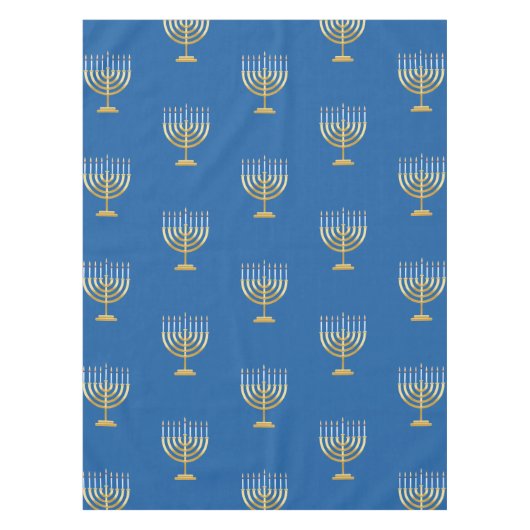 ハッピーハヌカユダヤ系青色金ゴールド（ユダヤ教）メノラー テーブルクロス (正面)