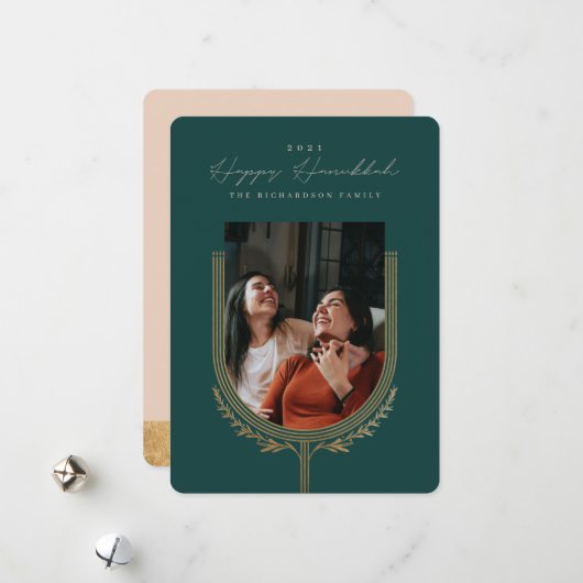 ハッピーハヌカーエレガントゴールデン（ユダヤ教）メノラーフォトアーチ シーズンカード (正面/裏面インサイチュ)