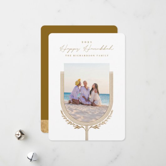 ハッピーハヌカーエレガントゴールデン（ユダヤ教）メノラーフォトアーチ シーズンカード (正面/裏面インサイチュ)