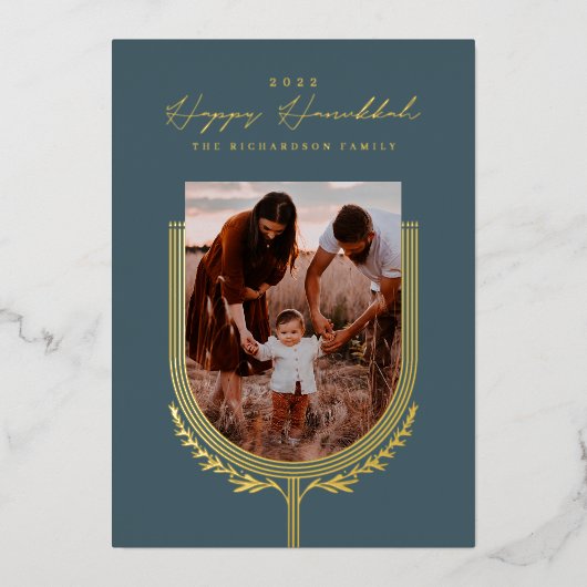 ハッピーハヌカーエレガントゴールデン（ユダヤ教）メノラーフォトアーチ 箔シーズンカード (正面)