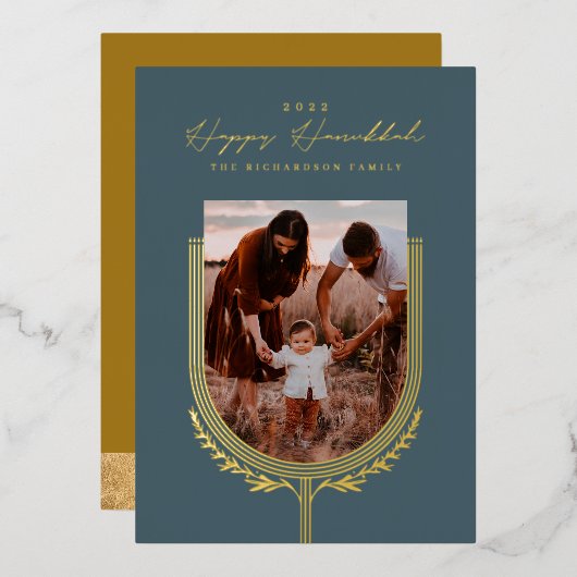 ハッピーハヌカーエレガントゴールデン（ユダヤ教）メノラーフォトアーチ 箔シーズンカード (正面/裏面)
