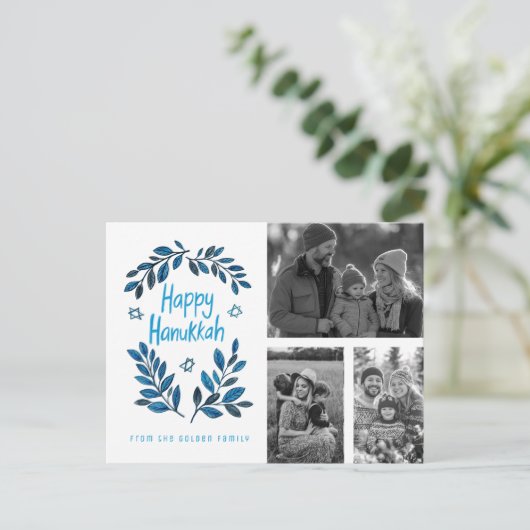 ハッピーハヌカーカスタム3枚の写真ホリデー ポストカード (スタンド正面)