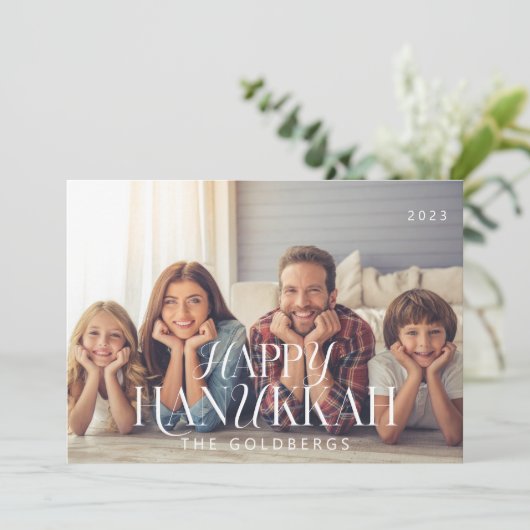 ハッピーハヌカーシンプルモダンシックファミリーフォト シーズンカード (スタンド正面)