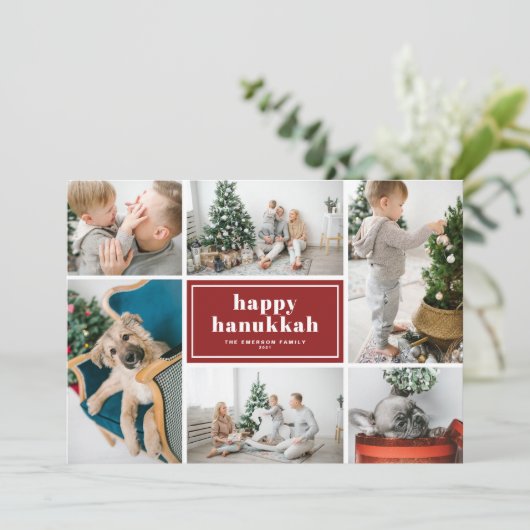 ハッピーハヌカータイポグラフィレッドフォトコラージュ シーズンカード (スタンド正面)