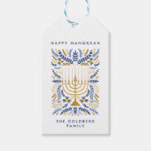ハッピーハヌカーフェスティバルウォーター色（ユダヤ教）メノラー葉 ギフトタグ (正面)