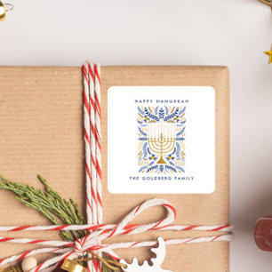 ハッピーハヌカーフェスティバルウォーター色（ユダヤ教）メノラー葉 スクエアシール