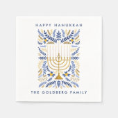 ハッピーハヌカーフェスティバルウォーター色(ユダヤ教)メノラー葉 スタンダードカクテルナプキン (正面)