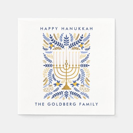 ハッピーハヌカーフェスティバルウォーター色(ユダヤ教)メノラー葉 スタンダードカクテルナプキン (正面)