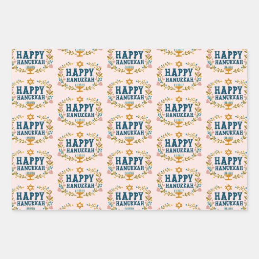 ハッピーハヌカーフローラリースユダヤ教ホリデーセット ラッピングペーパーシート (正面)