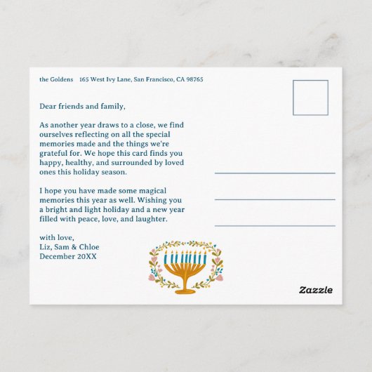 ハッピーハヌカーフローラリース(ユダヤ教)メノラーカスタム文字 ポストカード (裏面)