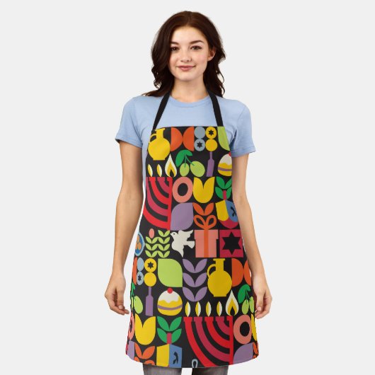 ハッピーハヌカーモダン（ユダヤ教）メノラーラッツ&スターズ エプロン (着用した状態)