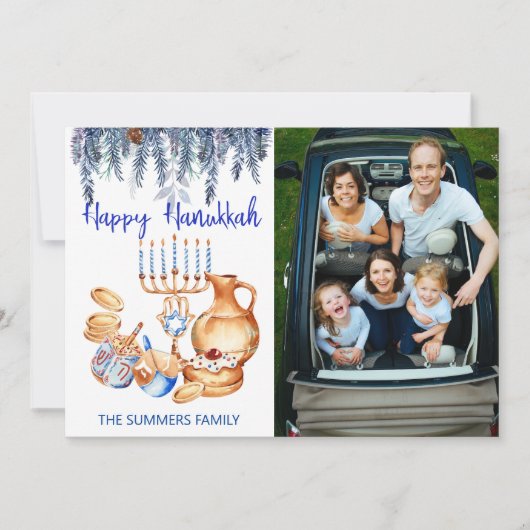 ハッピーハヌカー写真テンプレート(ユダヤ教)メノラーパインドロップ シーズンカード (正面)