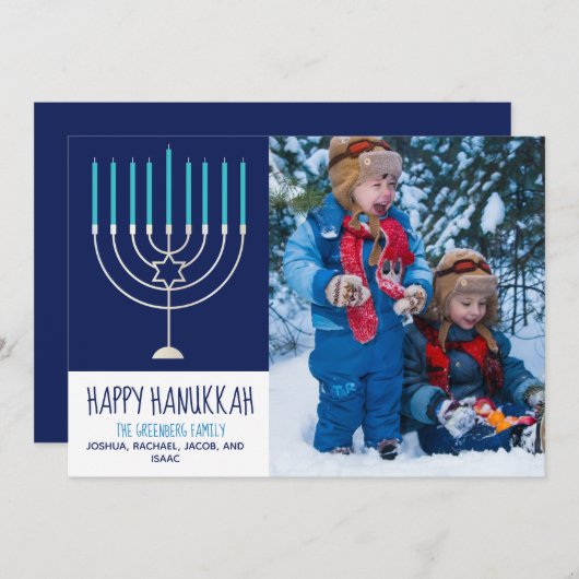 ハッピーハヌカー家族フォトブルー（ユダヤ教）メノラーカード (正面/裏面)