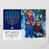 ハッピーハヌカー家族フォトブルー（ユダヤ教）メノラーシルバー 箔シーズンカード (正面)