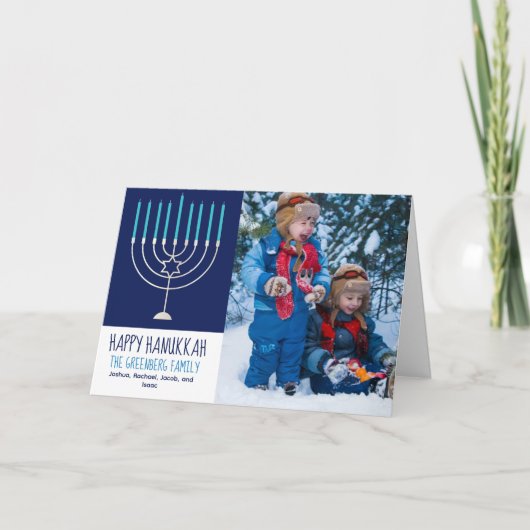 ハッピーハヌカー家族フォトブルー(ユダヤ教)メノラー折り畳み シーズンカード (正面)