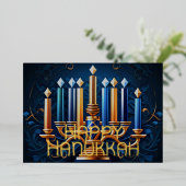 ハッピーハヌカー抽象芸術スケッチ（ユダヤ教）メノラー金ゴールドブルー 箔シーズンカード (立ち正面)