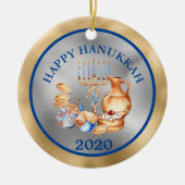 ハッピーハヌカー金ゴールドシルバー（ユダヤ教）メノラー セラミックオーナメント (正面)