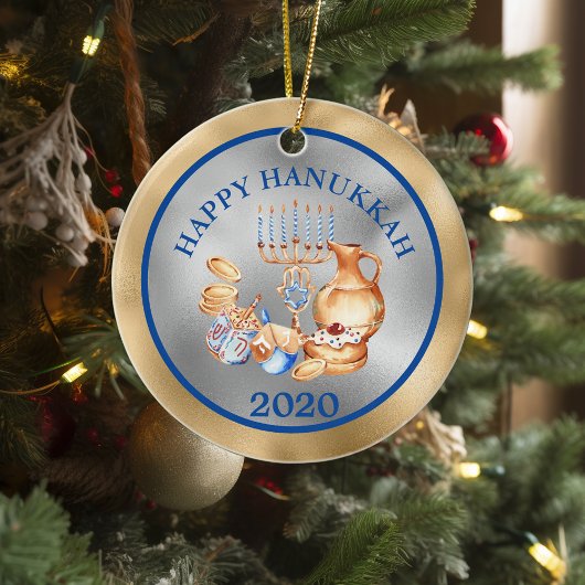 ハッピーハヌカー金ゴールドシルバー（ユダヤ教）メノラー セラミックオーナメント