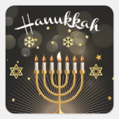 ハッピーハヌカー金ゴールドスターオブデイヴィッド(ユダヤ教)メノラー スクエアシール (正面)