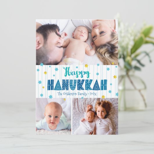 ハッピーハヌカー3フォトモダンタイポグラフィ金ゴールドスター シーズンカード (スタンド正面)